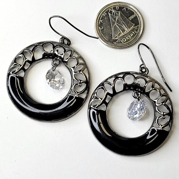 Black Filigree Round Earrings Black and Silver tone Dangle Earrings - Picture 6 of 11